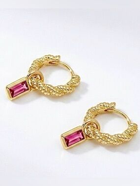 Pink Real Crystal Drop Twisted Hoop Earrings 14K Gold Plated Water Resistant